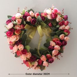 Valentines Day Heart Shaped Valentines Wreaths for Front Door with Pink Red Rose Flowers Green Leaf Wall Decorations 14 Inches