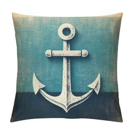 Vintage Anchor Throw Pillow Cover Rope Stain Blue Background Marine Ocean Boat Ship Equipment Pillow Case Decorative Men Women Room Cushion Cover for Home Couch Bed