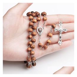 Pendant Necklaces New Wooden Beads Long Chains Catholic Rosary Necklace For Women And Men Christian Jesus Virgin Mary Cross Crucifix F Dhn3G