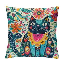Cat Pillow Cushion Cover , Pet Birds Flower Leaf Trees Butterflies Spring Ornate Illustration, Decorative Square Pillow Case