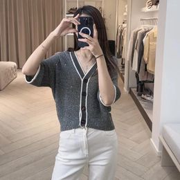 Women's Knits Women 2024 Spring And Summer Linen Sequined Color-blocked Collar Knitted Cardigan Short Sleeves