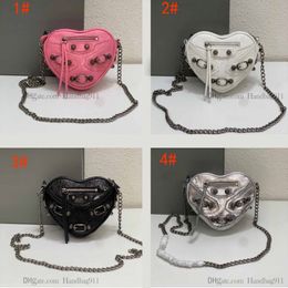 2023 Designer Le Cagole Heart Shaped Shoulder Bags Bright Calf Leather Motorcycle Style Cross Body Bags Silver Hardware Rivet Handbags 232G