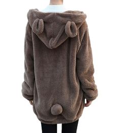 Women Cute Hoodies Coats Winter Loose Fluffy Bear Ear Hooded Jacket Kawaii Warm Outerwear Coat Cute Sweatshirts Coats Tops LJ201104337376