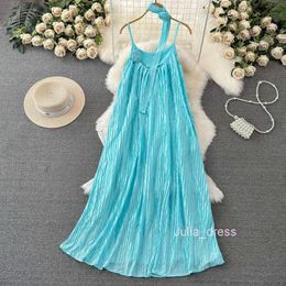 High end light luxury socialite temperament three house pleats loose and slimming mid length A-line glossy pleated dress summer