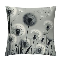 Dandelion Throw Pillow Cushion Cover, Ornamental Motif of Tiny Flying Away from The Plants Body, Decorative Square Accent Pillow Case, Charcoal Grey Eggshell
