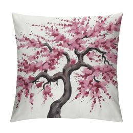 Japanese Pillow Cushion Cover Branch of a Flourishing Sakura Tree Flowers Cherry Blossoms Spring Theme Art, Decorative Square Accent Pillow Case,Pink Dark Brown