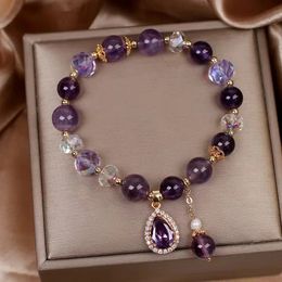 Natural Amethyst Elastic Rope Bracelet For Women Exquisite Temperament Zircon Heart Pendant Beads Hand String Gift Jewelry 240529