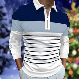 Mens Classic Striped Polo Shirt Long Sleeve Spring And Autumn Casual Zipper Tops Plus Oversize S-5XL 240522