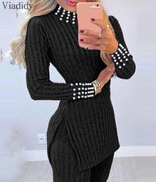 Women039s Two Piece Pants Suit Casual Knit Beaded Side Slit Long Sleeve Top Sweater Set8049898