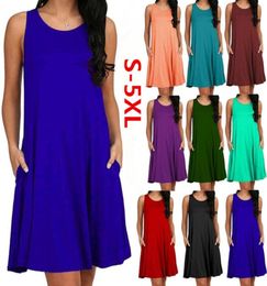 Women Casual Summer Dress Plus Size Oneck Tank Top Loose Clothing Side Pocket Fashion Sexy Ladies Solid Sleeveless Dresses 5XL MX9483603