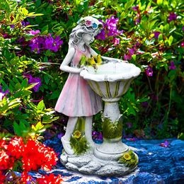 Fairy Garden Statue Resin Angel Figurine Solar Light Outdoor Floral Fairy Lamp Lantern Water Feature Effect Garden Decoration 240528