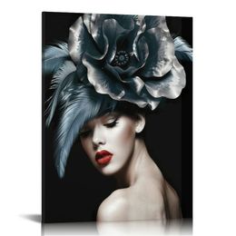 Beauty Portrait with Colorful Flower Abstract Artwork Canvas Wall Art, Beautiful Paintings Giclee Picture Prints Wall Decoration