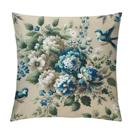 Floral Pillows Spring Plant Flowers Hydrangea Hibiscus Iris Bird Leaf Throw Pillow Cover Decorative Pillow Case Square Cushion Accent Home Blue Green