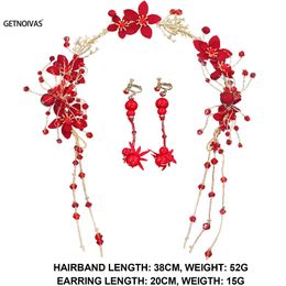 Chinese Hair Accessories Headband For Women Vintage Red Flower Pearl Hairbands Bridal With Earrings Wedding Hanfu Hair Jewellery