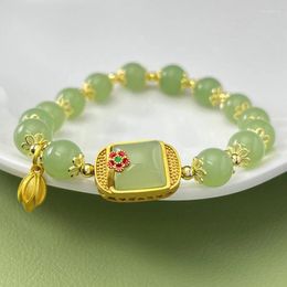 Bangle Chinese Style Imitation Hetian Jade Lotus Pendant Bracelet Vintage Beaded For Women Light Luxury Fashion Jewelry Gifts