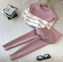 Women039s Two Piece Pants Spring Summer Striped Short Sleeve Knitted Korean 2 Set Women Patchwork O Neck Tops And Pant Suits Pi2190629