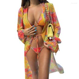 Women's Swimwear 2024 Womens 3 Pieces Split Swimsuit Ladies Halter Bikinis Floral Print Tie Side Thong Bathing Suit For Vacations Beachwear