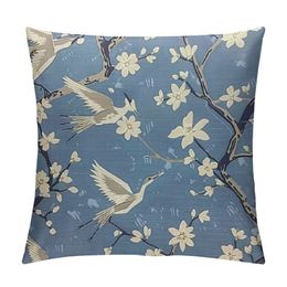 Crane Throw Pillow Case Cushion Covers Flying Bird Flower Blue White for Couch Bed Sofa Car Waist