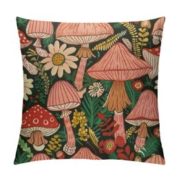 Cute Mushrooms and Leaves Pattern Pillow Covers Square Throw Pillowcase for Couch Sofa Home Bedroom Decor