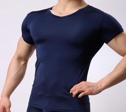 Brand Man Sexy Sheer Spandex Compression UndershirtsMen Seamless Silk Vneck Transparent sheer Shirt Gay underwear9408890