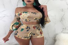 2020 Floral Print Casual Two Piece Set Shoulder Cami Top & Shorts Set Summer Short Tracksuit Women Sexy Bodycon Romper S-XXL4132540