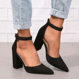 Summer Women Sandals Suede Ankle Strap Pumps Pointed Toe Square High Heels Solid Female Fashion Elegant Part 691