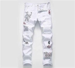 New Men Streetwear personality Ripped printed white skinny Jeans Hip Hop Punk Casual motorcycle stretch denim jeans trousers X06214907504