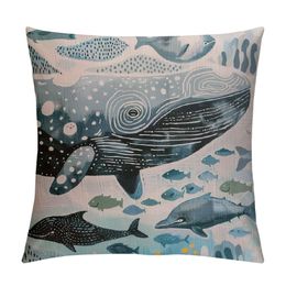 Black Abstract with Nautical Sea Animal Whale Fish in Pastel Colours Blue Square Throw Pillow Case Decorative Cushion Cover Pillowcase for Sofa