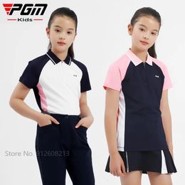 PGM Summer Dry Fit Golf Wear Girls Short Sleeve Tshirt Children Zipper Lapel Collar Tops Kids Patchwork Shirts SXL 240522