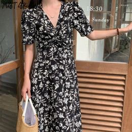 Party Dresses Matakawa V Neck Women Print Floral A-line Summer Korean Fashion Vestidos Elegant Short Sleeve Sweet Robe Femme