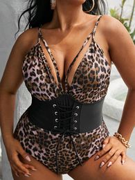 Women's Swimwear Leopard Swimming Suit For Women Plus Size Strawstring One Piece Swimsuit Tummy Control Bodysuit Bathing Monokini 2024