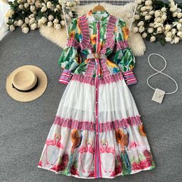 Printed dress womens design sense fashion long-sleeved contrast stand collar ruffle panel mesh long skirt