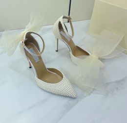 Popular designer white Baotou commuter wedding shoes patent leather handmade sticky pearl decoration upper mesh bow embellished el8413964
