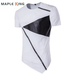 T Shirt Men Personality tailoring Long Patchwork Leather Zipper T-shirt Men Hiphop Short Sleeve Longline Casual Top Tee 240527