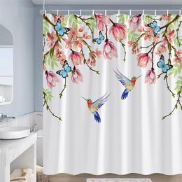 Spring Floral Hummingbird Shower Curtain for Bathroom Watercolour Flowers Birds Fabric Bath Curtains Modern Art Decor with Hooks