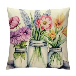 Spring Pillow Covers Grey Plaids Dots Throw Pillow Case Tulip Lavender Flower Truck Cushion Cover Floral Decorative Farmhouse Cushion Case for Home Office Couch