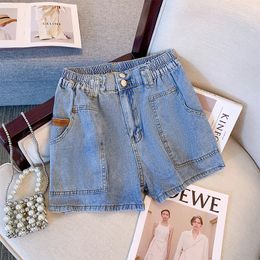 Plus-size womens summer casual denim shorts Blue washed denim fabric elastic waist large pocket design classic jeans 240529