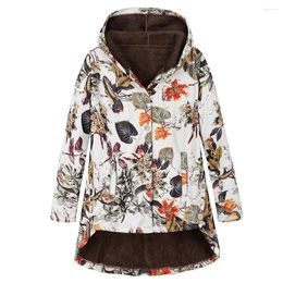 Women's Jackets Outerwear Autumn Winter Threaded Long Sleeved Hooded Thickened Plush Cotton Jacket Retro Floral Print Top
