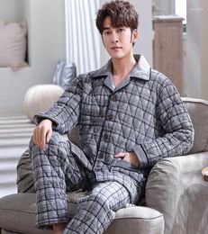 Men039s Sleepwear Knit Cotton Padded Men Thick Big Yards L3XL Winter Pyjamas Set Homme Peignoir Pyjamas Warm Quilted Grey Plai8854642