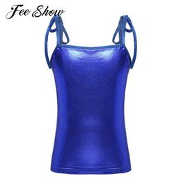 Tank Top Womens Tanks Camis Kids Girls Sleeveless Lace-up Shoulder Straps Camisole Top Solid Colour Metallic Shiny Vest Tops Tanks Dance Performance Costume WX5.28