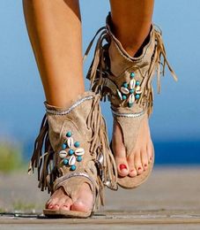 Retro Women Fringe Flower Wedges Shoes 2020 Solid Flock Beach Casual Sandals Women Summer Flip Flop Sandals3850994