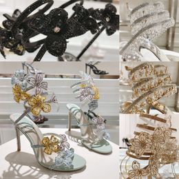 Rene Caovilla designer Nuovi tacchi di strass Sandali con tacchi eleganti Scarpe caviglia Crystal Caviglie Avvolgimento da 95 mm Tacco a spillo alla moda per donna avvolgente serpentina