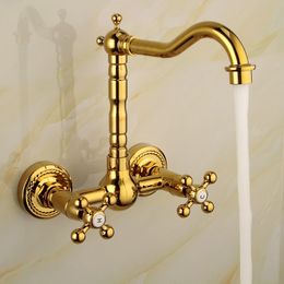Luxury Gold Colour Brass Bathroom Kitchen Sink Basin Faucet Mixer Tap Swivel Spout Wall Mounted Dual Cross Handles