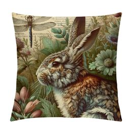 Throw Pillow Covers Adorable Animals Rabbit Dragonfly Decorative Pillow Case Square Throw Pillowcases Home Couch Decor Quote Cushion Cover(Rabbit B02)