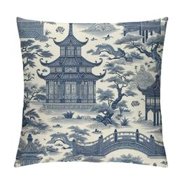 Chinoiserie Throw Pillow Covers Chic Asian Scenic Pillow Cover Pagoda Navy Blue and White Pillowcase Modern Home Decorative Cushion Covers for Outdoor Sofa Bedroom
