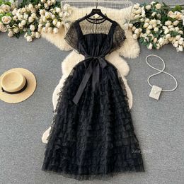 Featuring a niche design lace collar patchwork temperament waistband commuting French style bottom up dress lace up pleated long skirt
