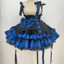 2024 Cute Girl Y2k Cosplay Costume Party Skirt Ball Gown Lolita Plaid Bow Suspender Skirt Women Love Button A-Line Mini Skirts 240527