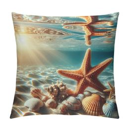 Beach Throw Pillow Covers Sea Home Decor 18x18 Inch, Coastal Decorative Pillowcase Soft Cushion for Bed Sofa Couch, 2 Sets
