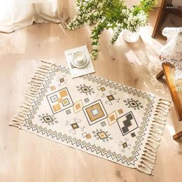 Carpets Hand Woven Retro Bohemian Rug Geometric Floor Mat With Tassel Cotton Linen Carpet Bedroom Tapestry Decorative Blanket