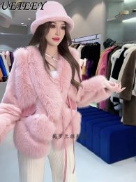 Faux Fox Fur Short Fur Coat 2023 Autumn and Winter New Elegant Pink Lace-up Jacket Socialite European Mink Women's Clothing
